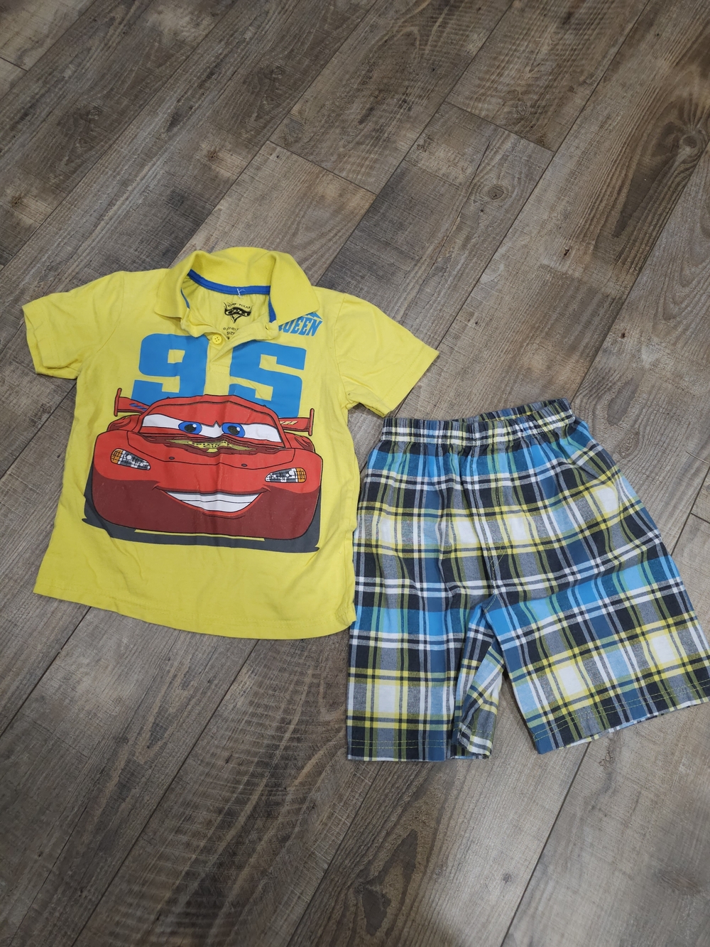 Cars Lightning Mcqueen Matching Set Boys 7 Polo Shirt Plaid Shorts Disney Summer